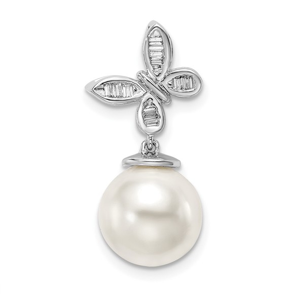14k White FWC Pearl and Diamond Butterfly Chain Slide Pendant